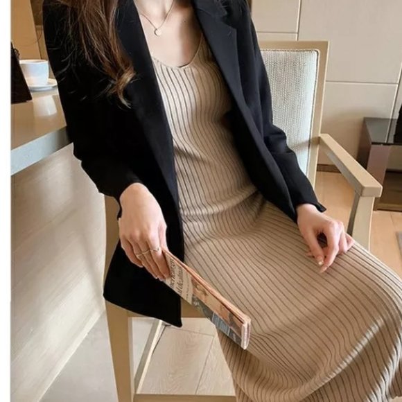 Daily Use Maxi - Knitted Ribbed Sleeveless Maxi Dress - Soft Apricot color - Picture 6 of 13